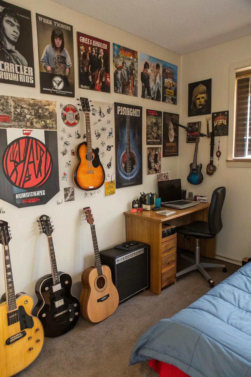 A teen boy's room with a music-centered wall that displays guitars.
