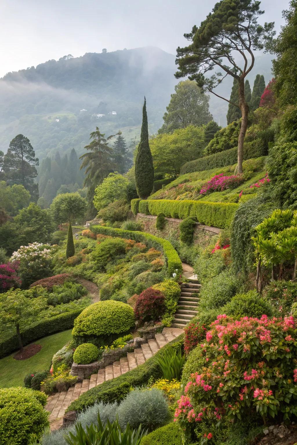 A tiered garden lush with greenery, delivering a calm and natural feel.