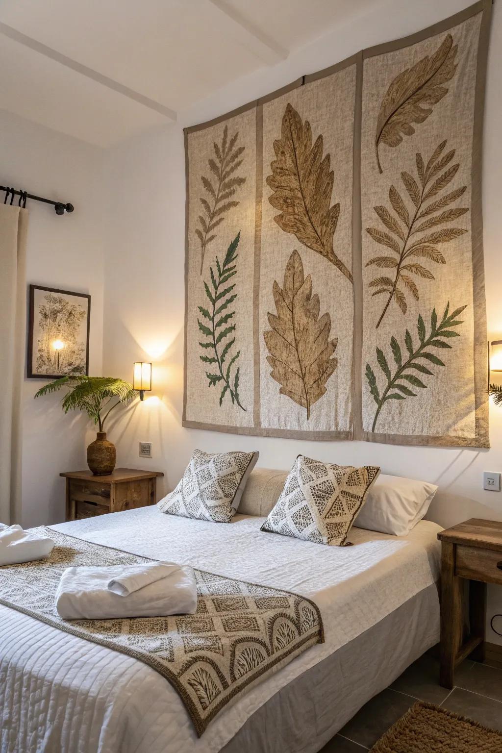 Natural leaf patterns create a soothing atmosphere in this peaceful bedroom.