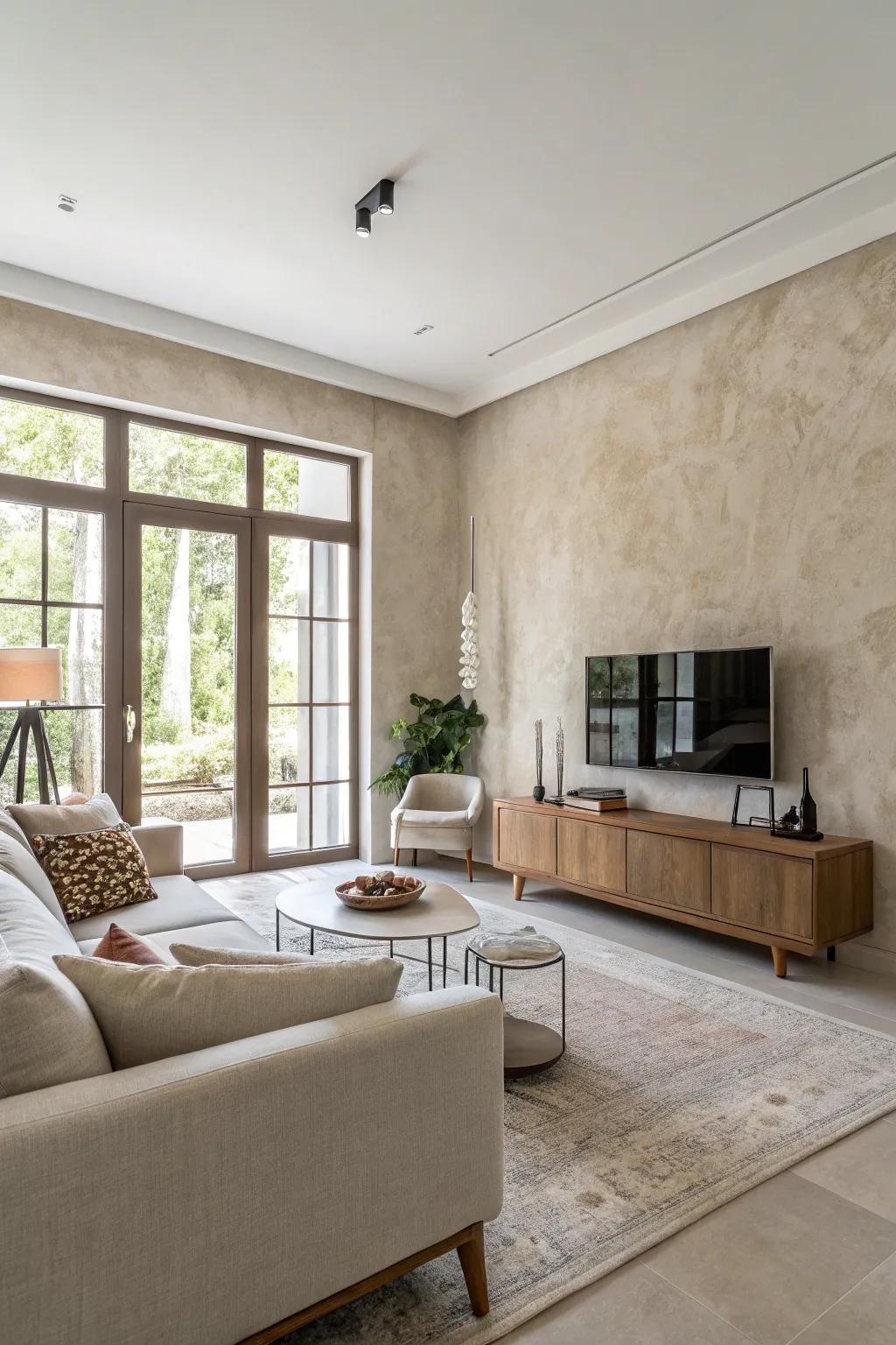 A minimalist living room with subtle textured walls for added depth.