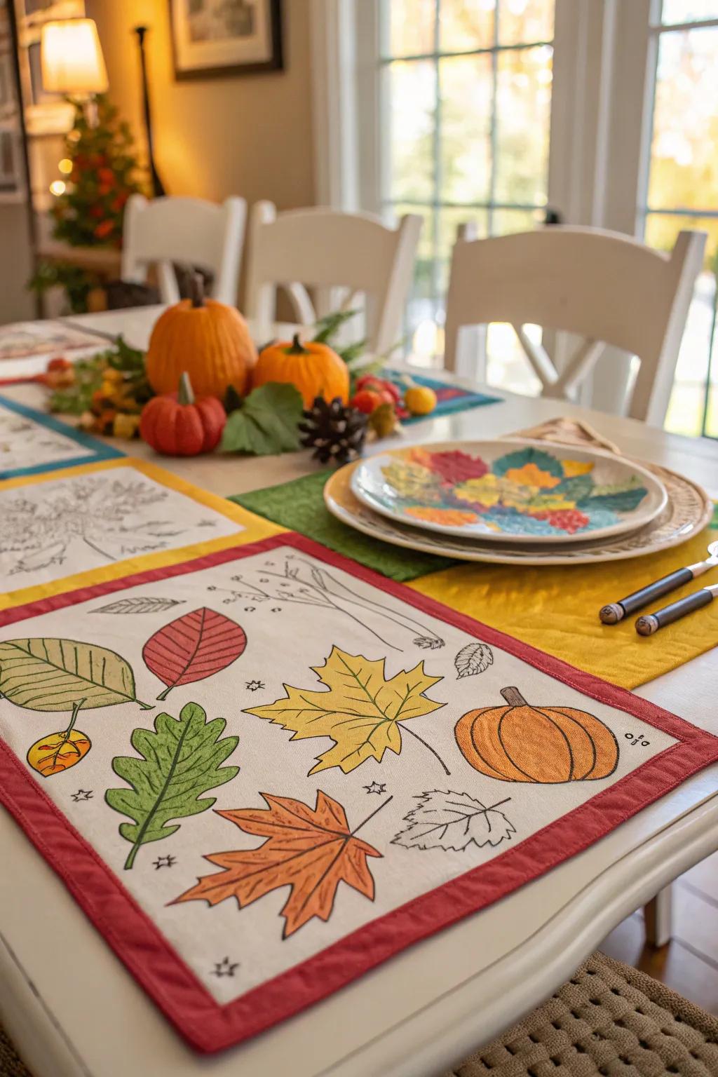 Handmade Thanksgiving table mats adding a personal touch to the dinner table.