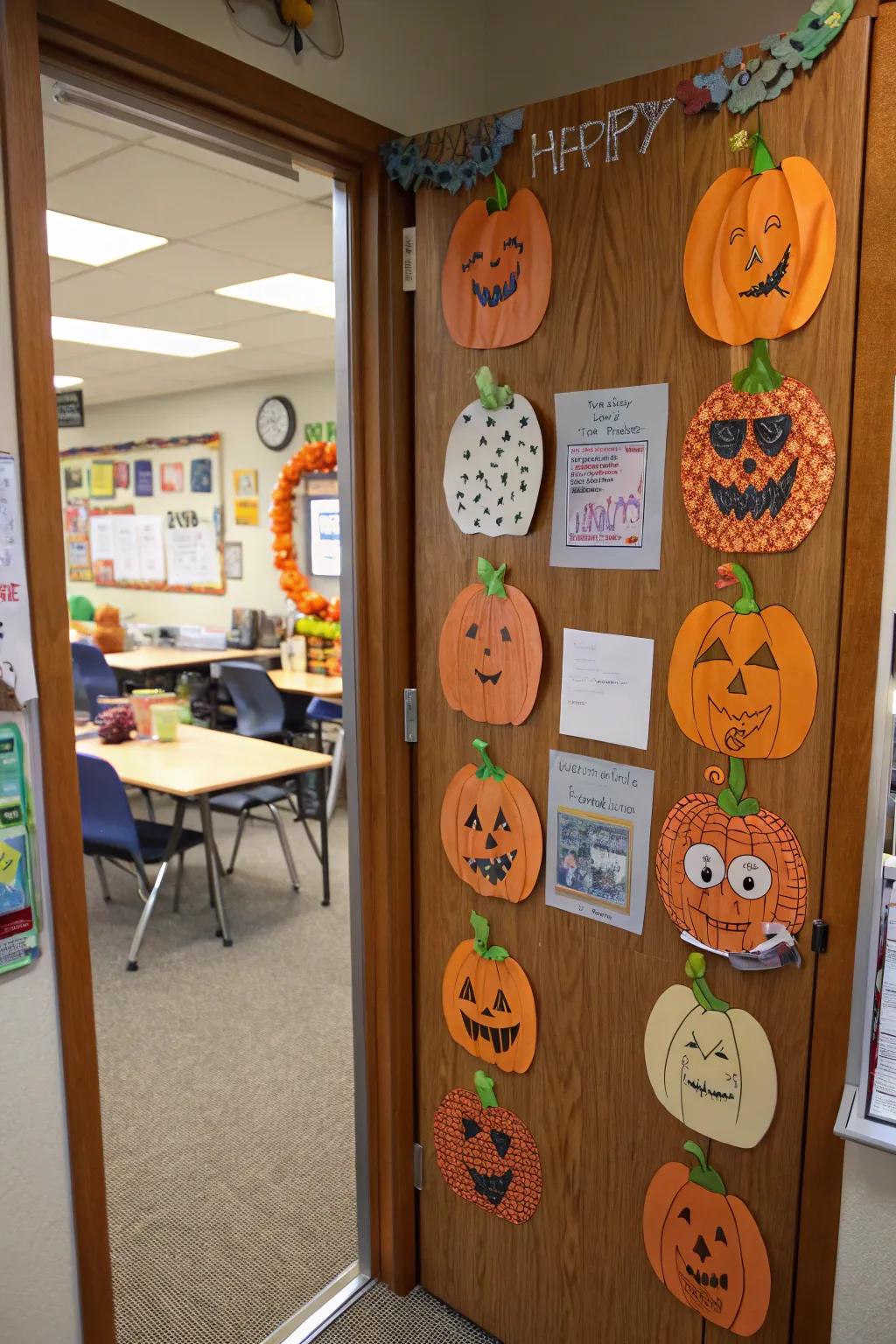 A vibrant pumpkin garden door display that celebrates the harvest season.