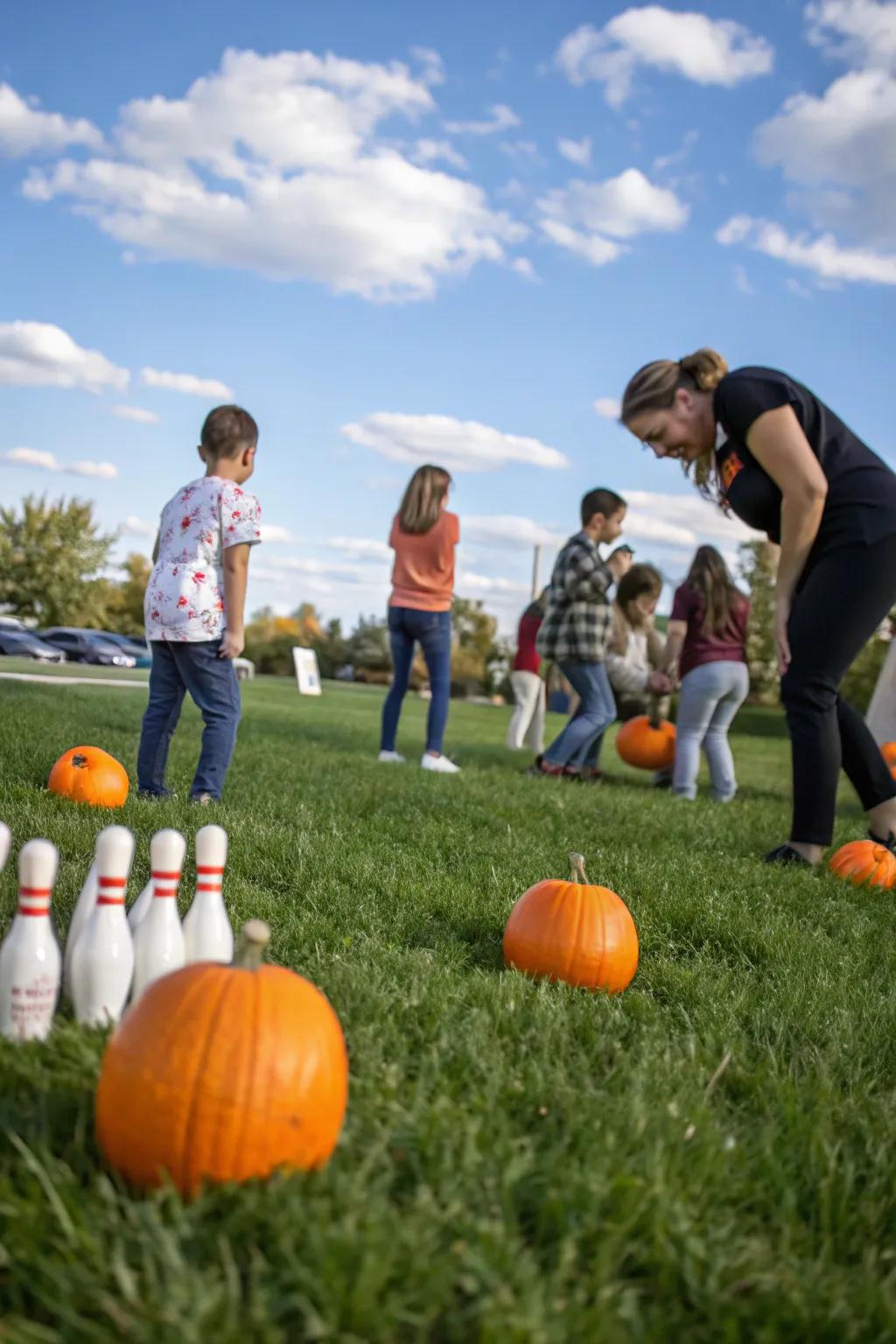 A lively game of Pumpkin Bowling in the backyard.