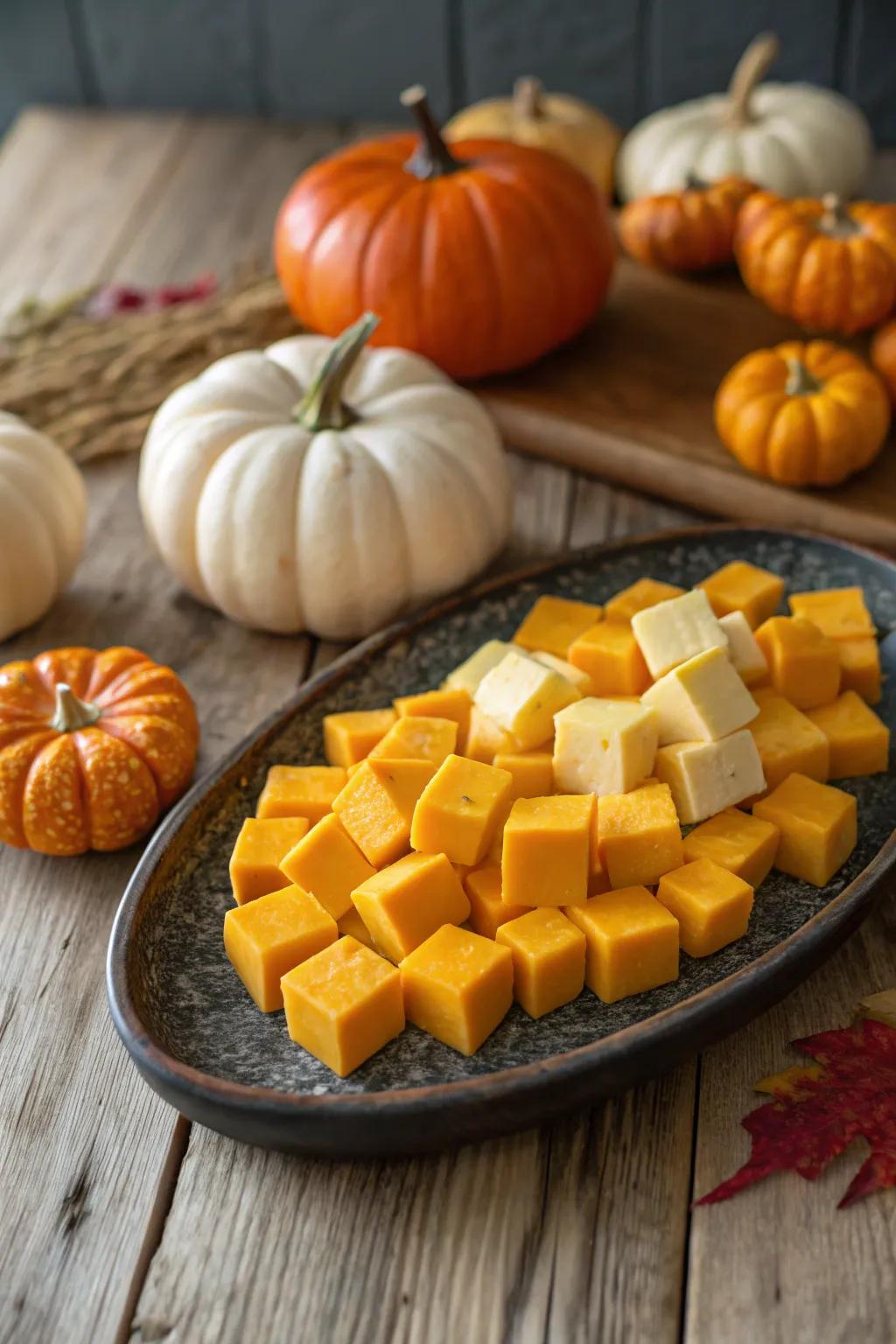 A charming cheese and gourd platter that captures the spirit of autumn.