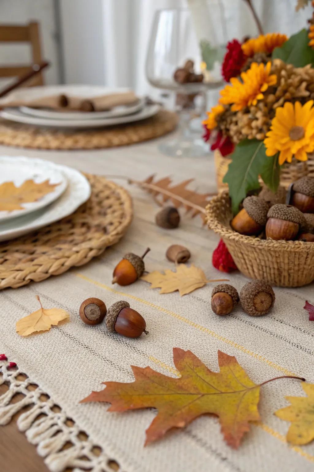 Natural details such as acorns and foliage enrich the table's homespun charm.