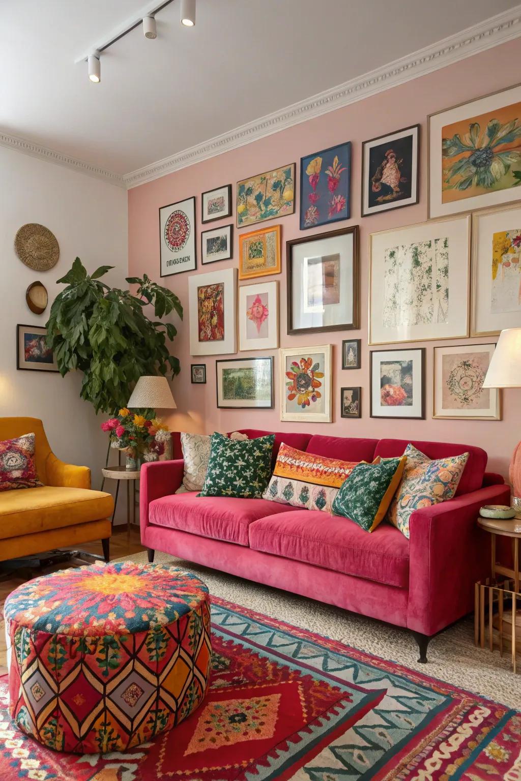 An eclectic living room featuring vibrant shades and textures.