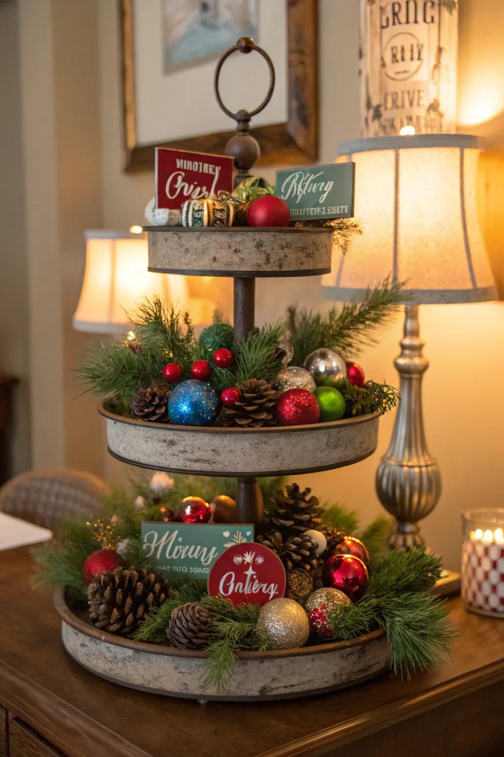 A Christmas-themed tiered tray spreading holiday cheer.