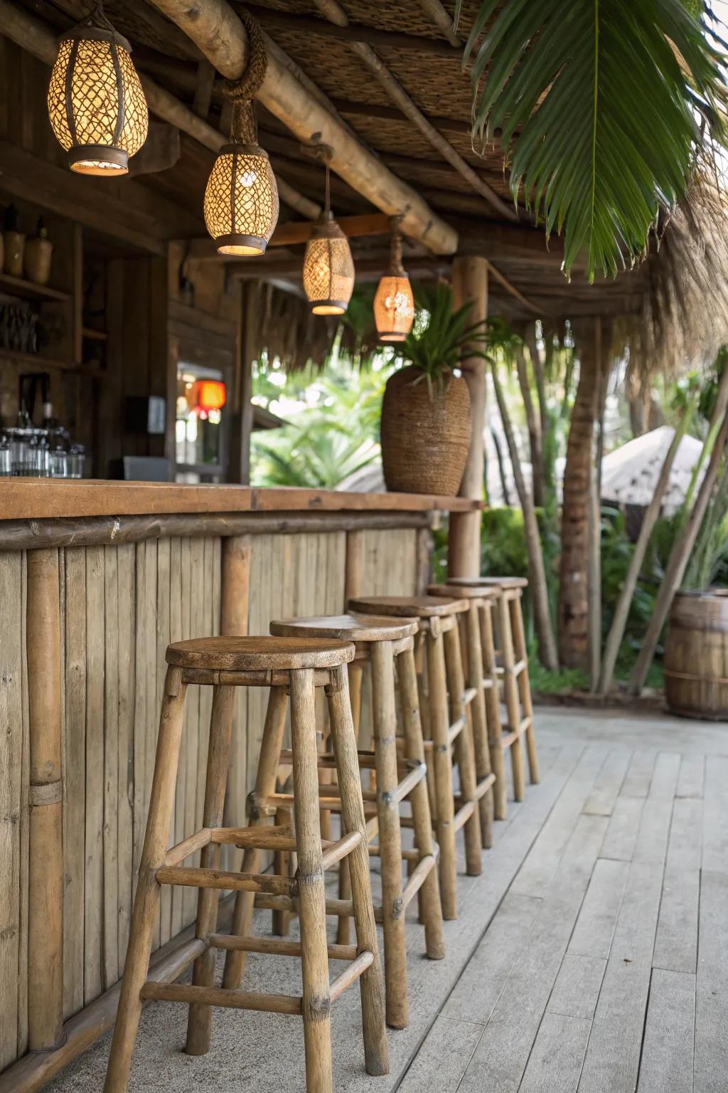 Weathered bar chairs perfectly complement the tiki bar aesthetic.