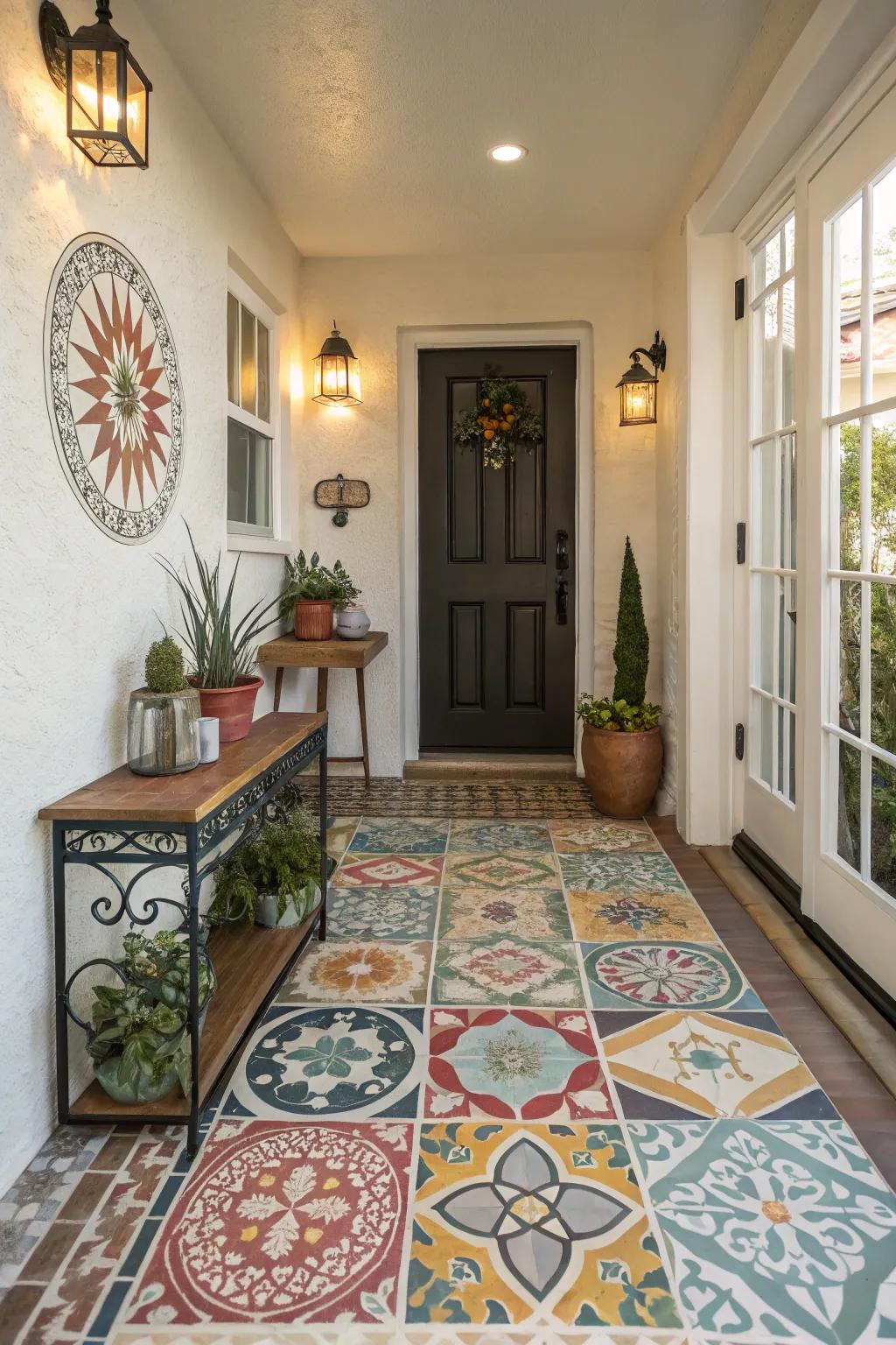 Patterned tiles create a vibrant and welcoming entryway.