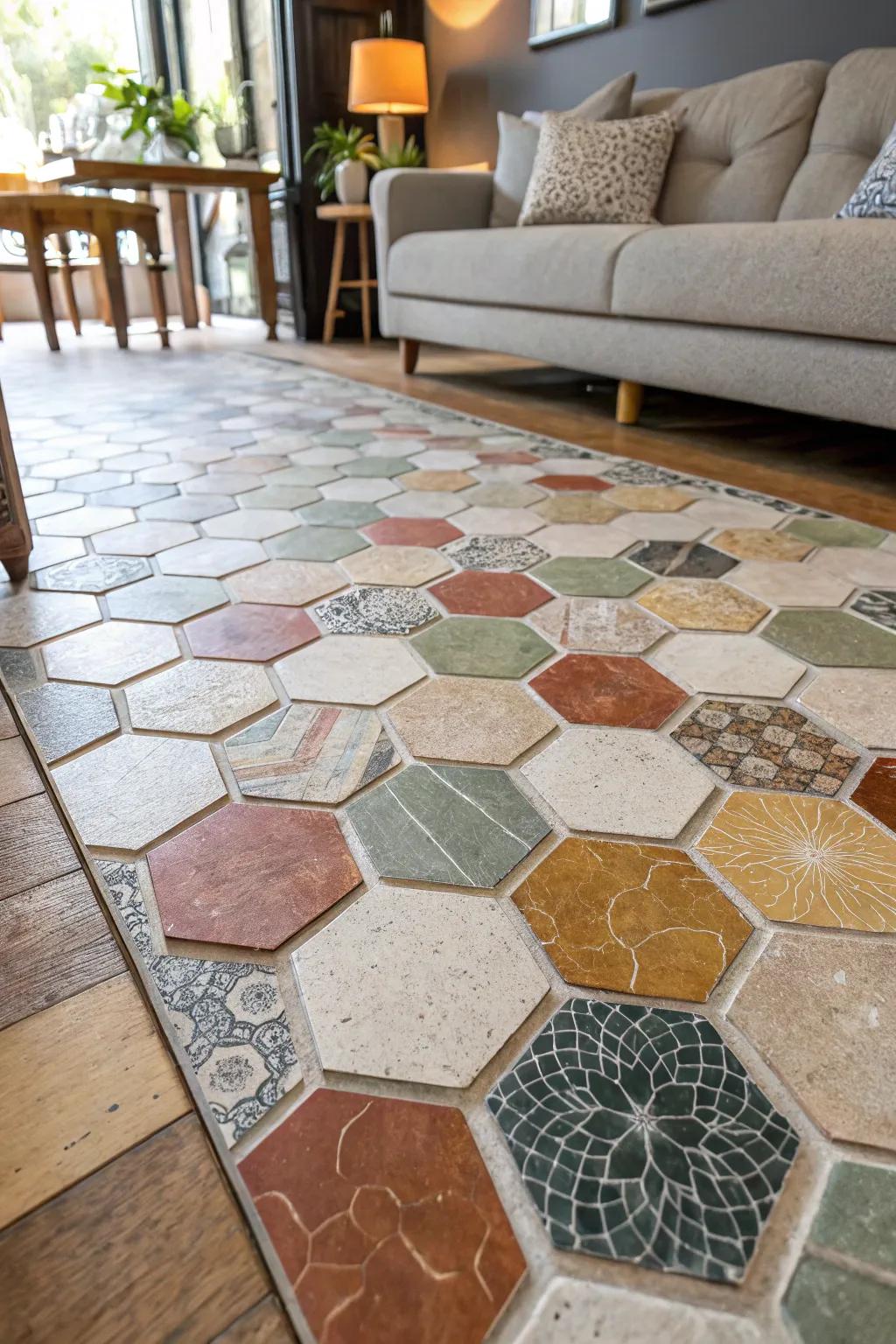 A playful mix of hexagon tiles creates a modern mosaic effect.