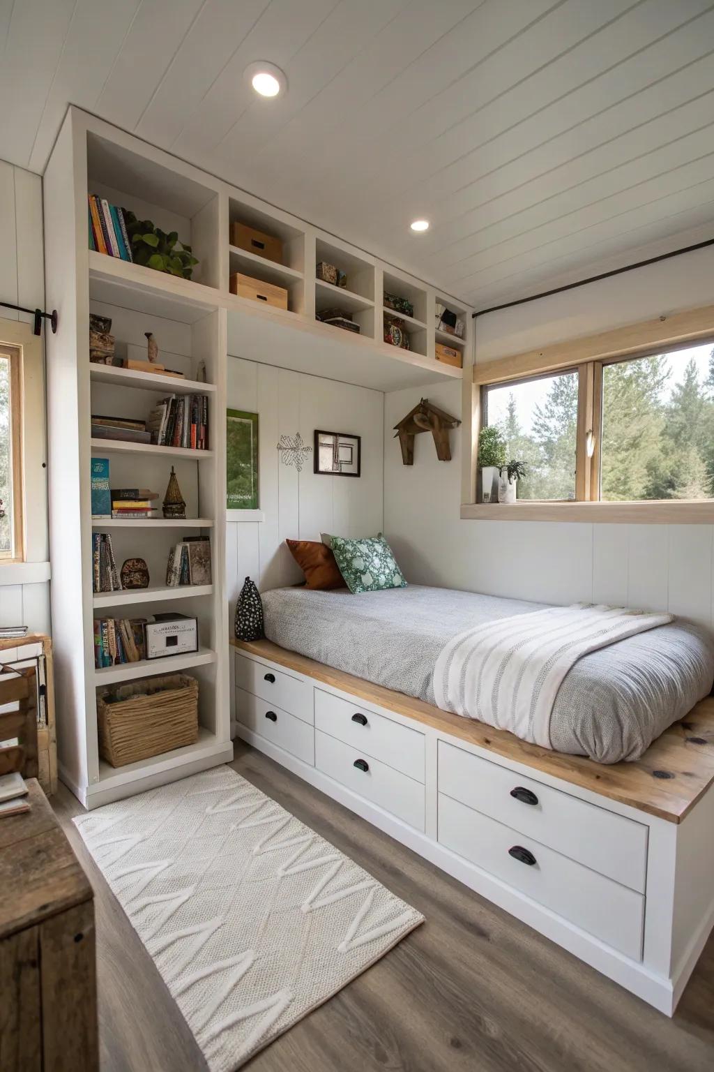 Efficient storage solutions cleverly integrated into the bedroom design.