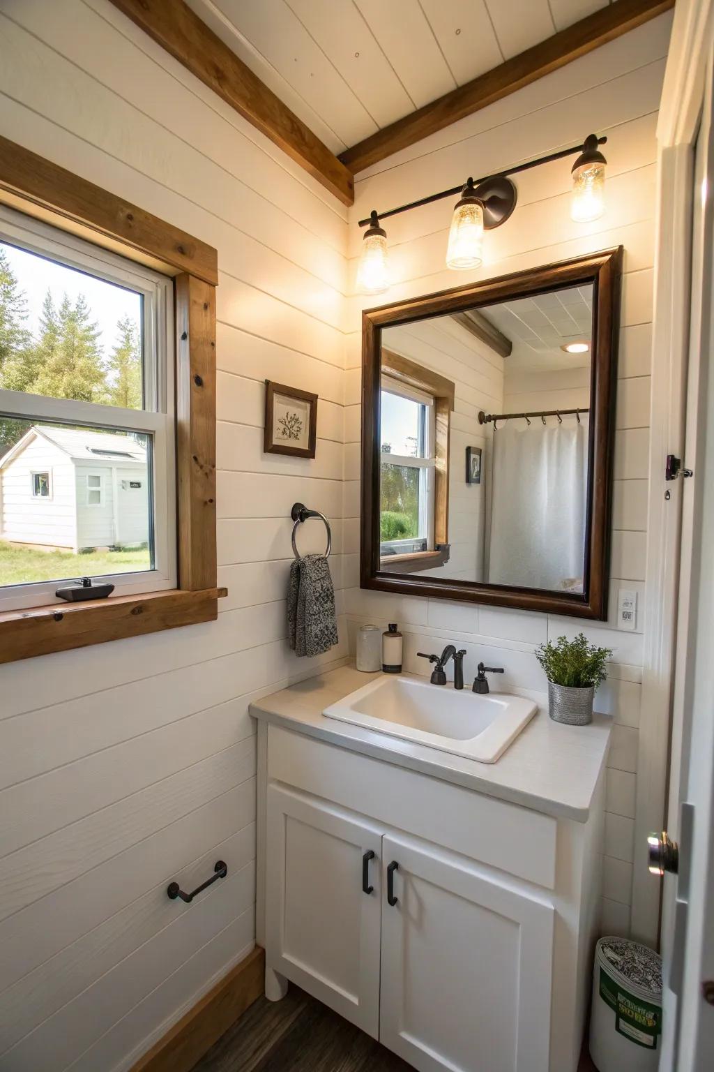 Mirrors expand the visual space in this tiny bathroom.