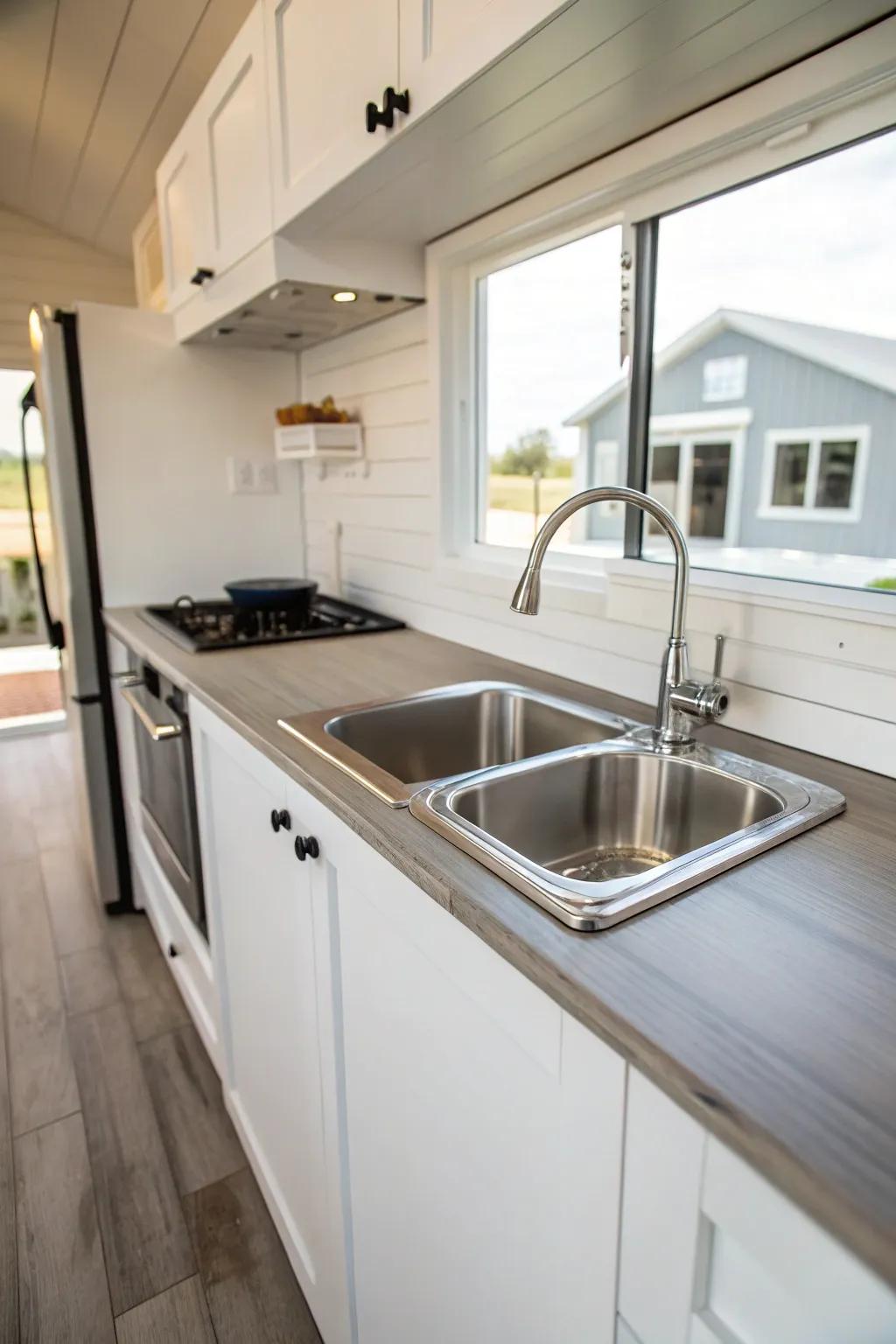 A tiny house kitchen showcasing a unified basin and surface for a smooth aesthetic.