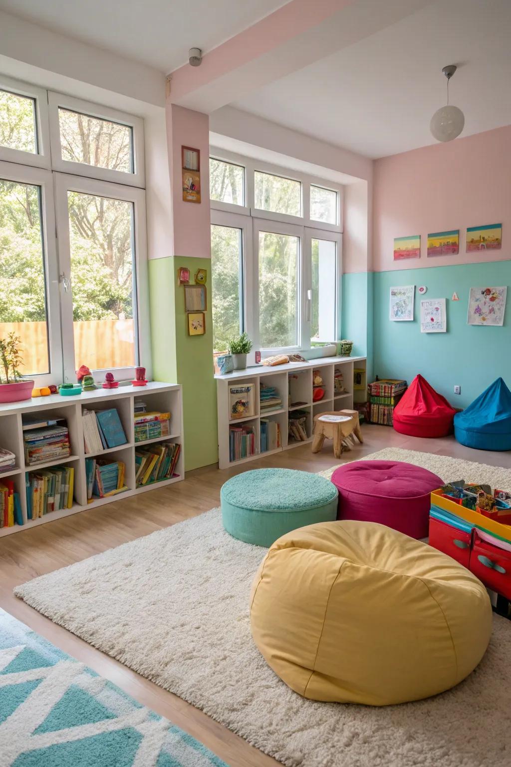 Soft cushions and rugs establish a secure and cozy play setting.