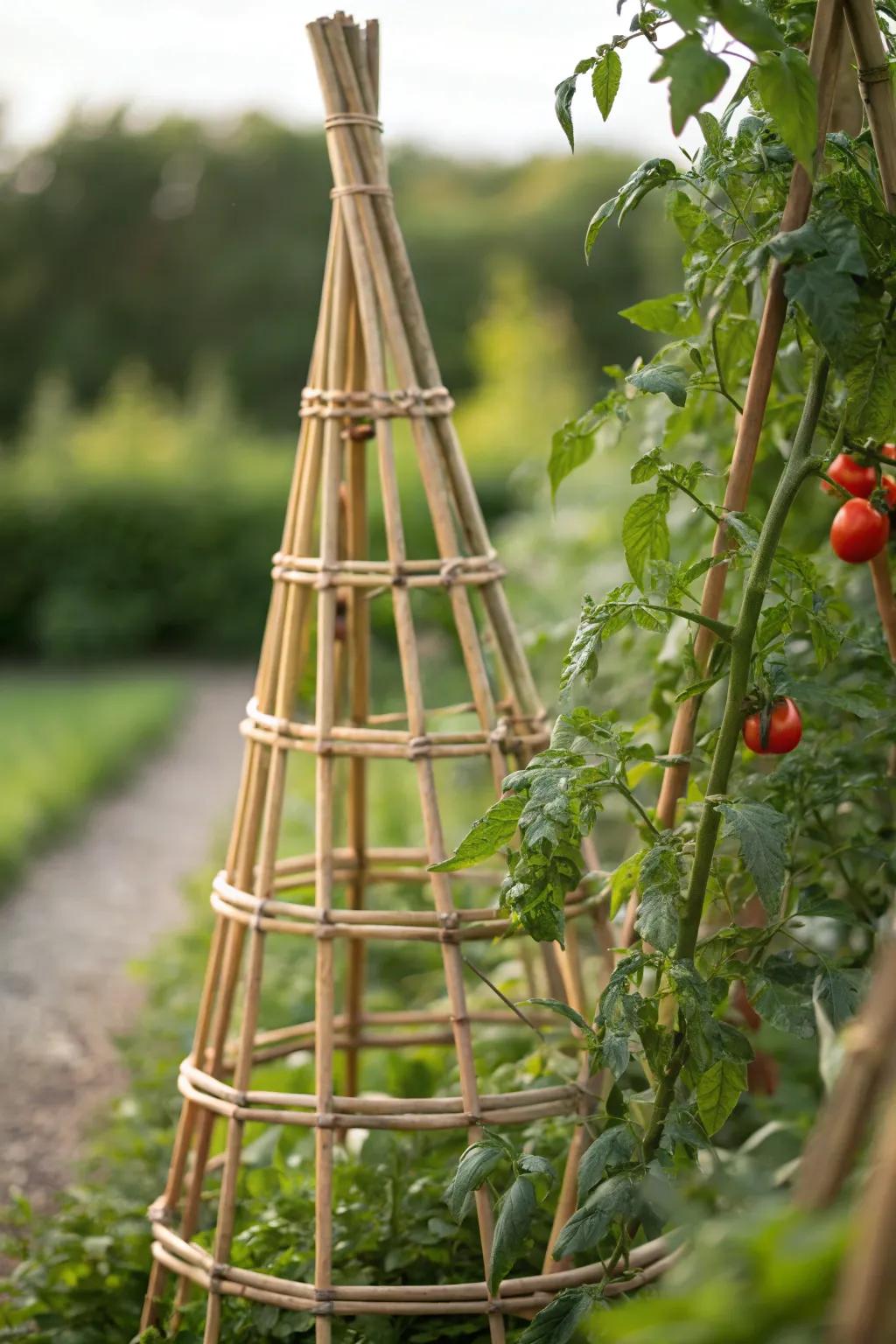 Amplify your garden's allure with a magnificent cone-formed reed trellis, combining minimalist sophistication with nature's appeal.