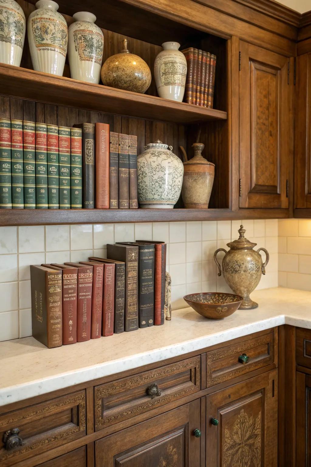 Evoke a sense of nostalgia with vintage finds thoughtfully placed above your cabinets.