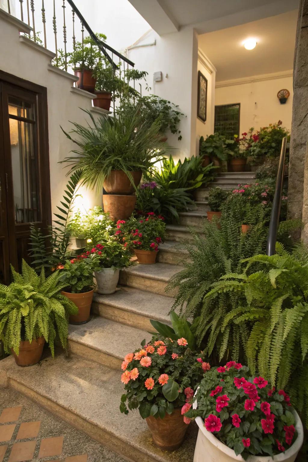 Botanicals supply a refreshing highlight to your stairway landing.