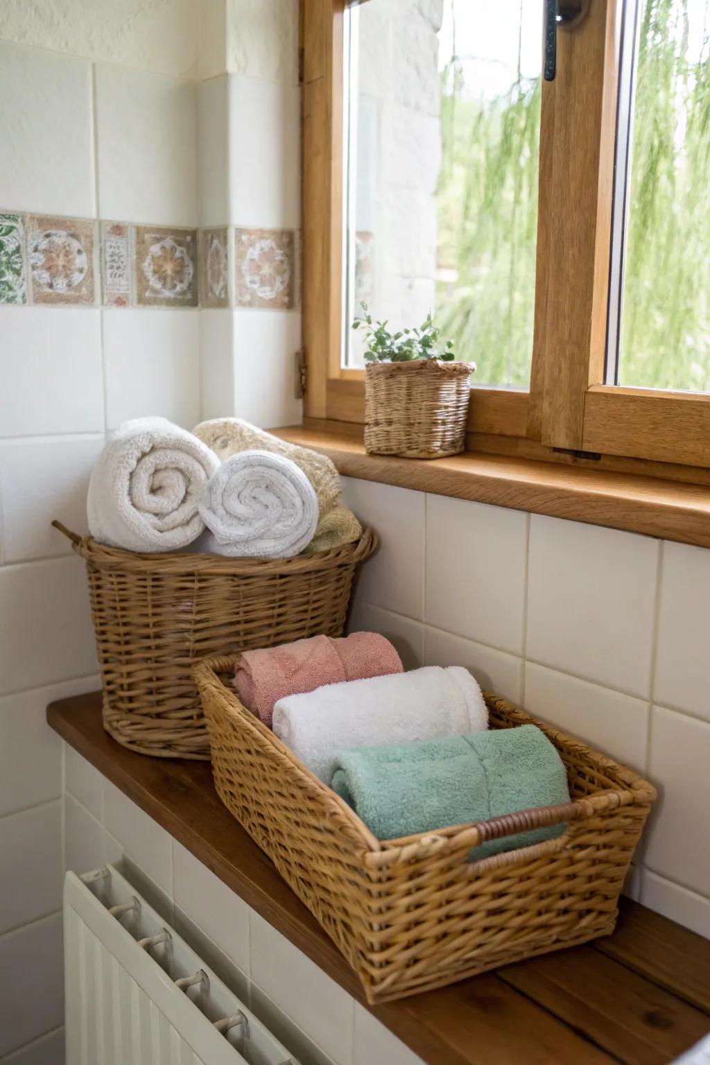 Woven cases add a countryside touch while keeping towels arranged and accessible.