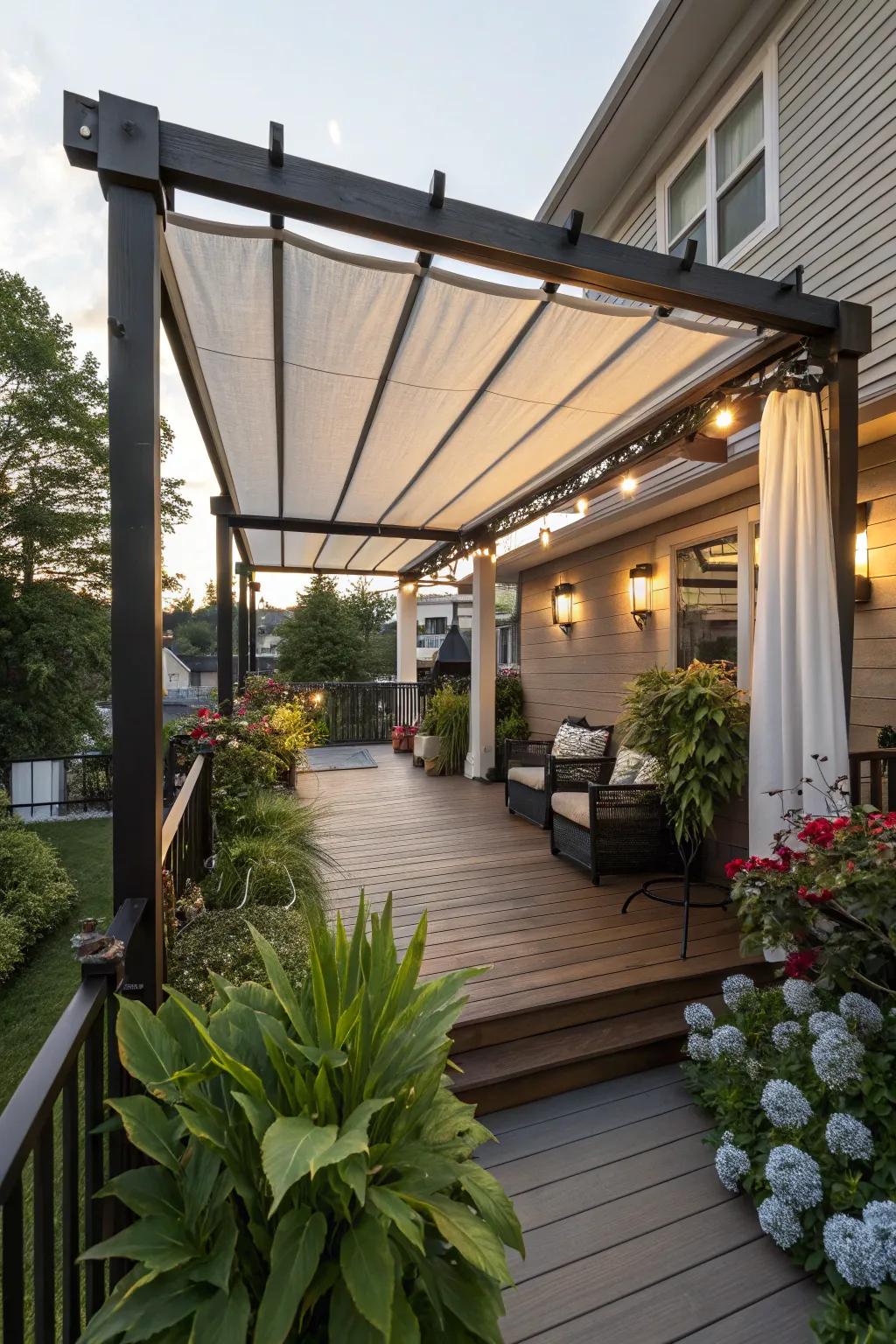 A pergola with customizable settings provides flexibility, offering both sun and shade.