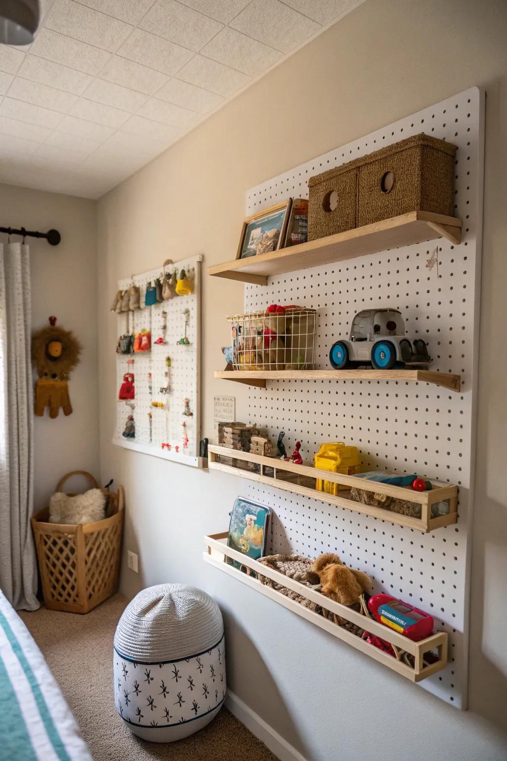 Employ wall space with shelves and pegboards for toy storage.