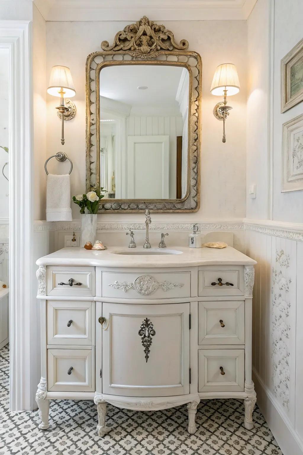 A white bathroom featuring charming old-fashioned fixtures and a vintage vanity.