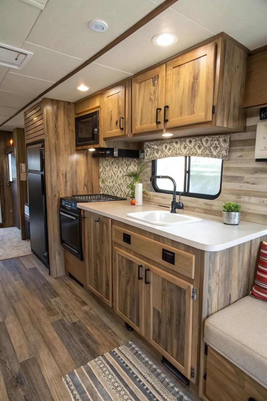 Wood-look squares bring warmth and a rustic vibe to your RV kitchen.