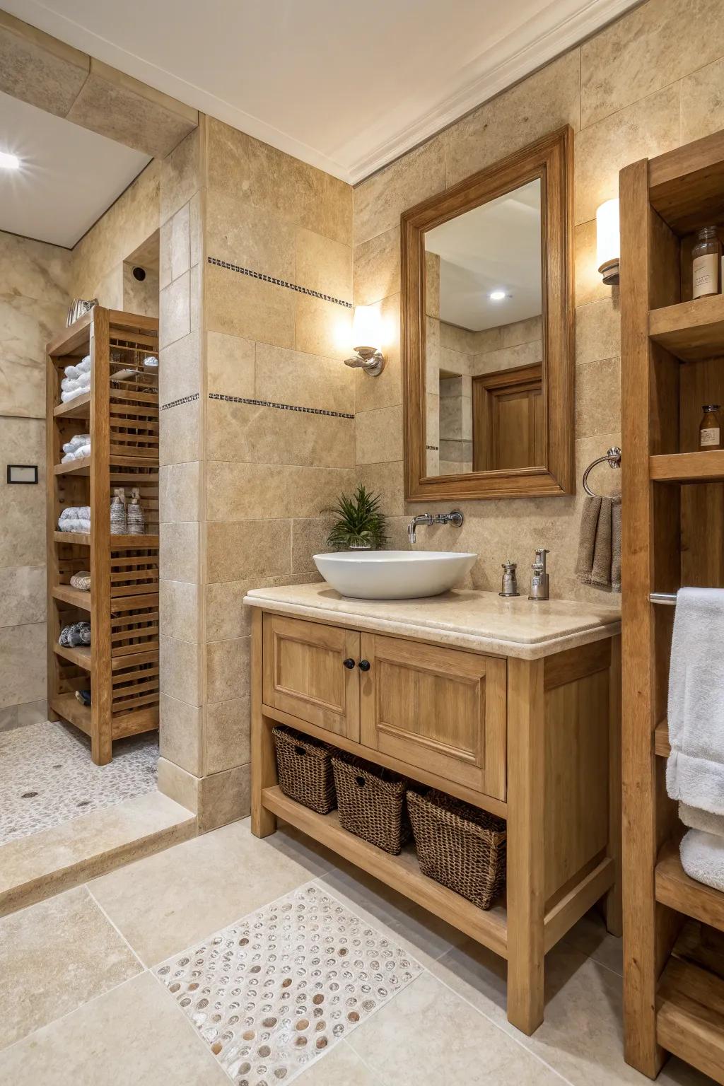 A travertine bathroom is beautifully accented by a wooden console and shelves, enhancing its inviting appeal.