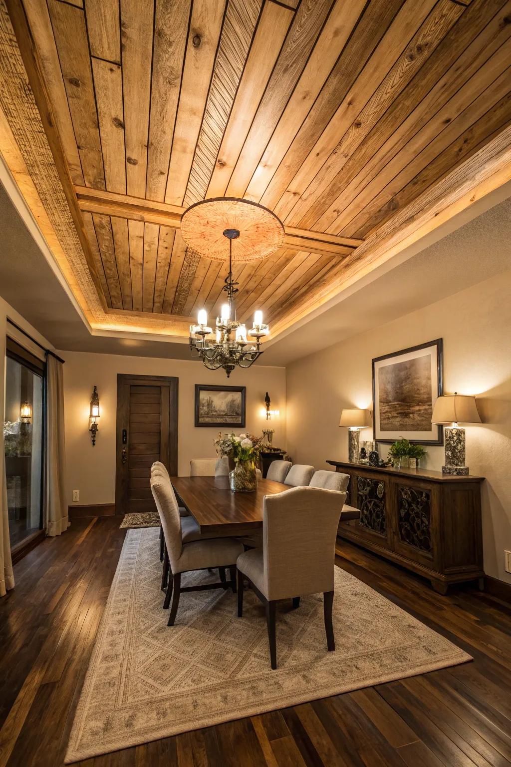 A dining room featuring warm, inviting wood details on the tray ceiling.