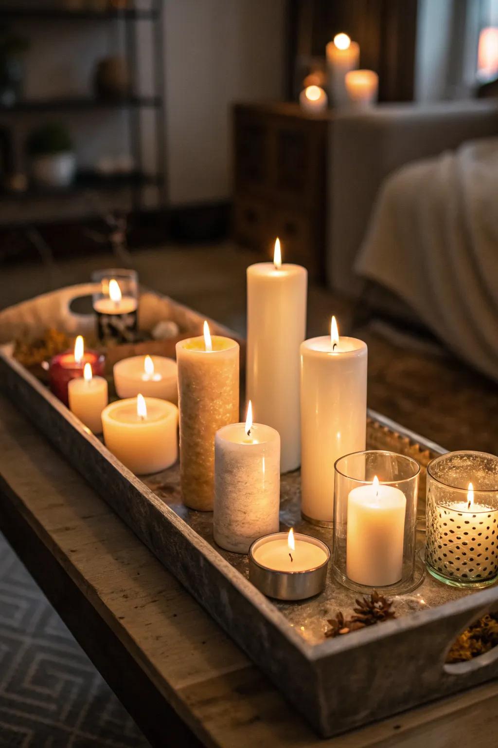 An inviting ambiance crafted through a collection of assorted candles on a tray.
