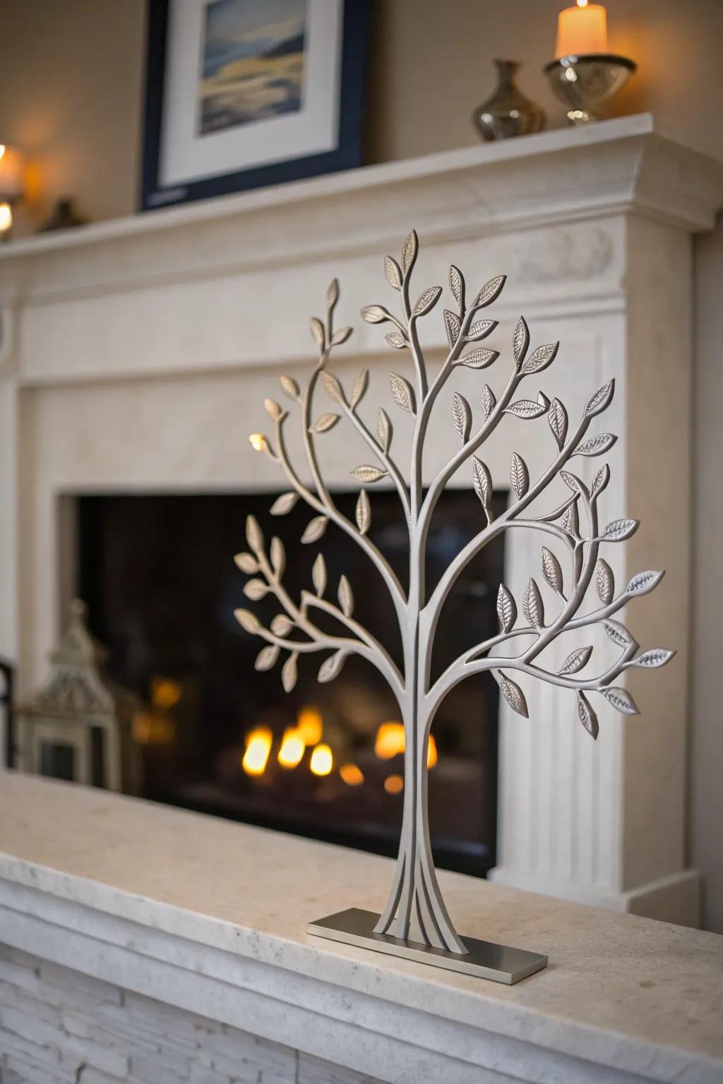 Minimalist metallic Eternal Tree branch decoration above a fireplace.