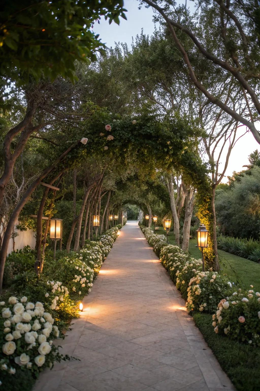 Pathway illumination with trees guiding the way.