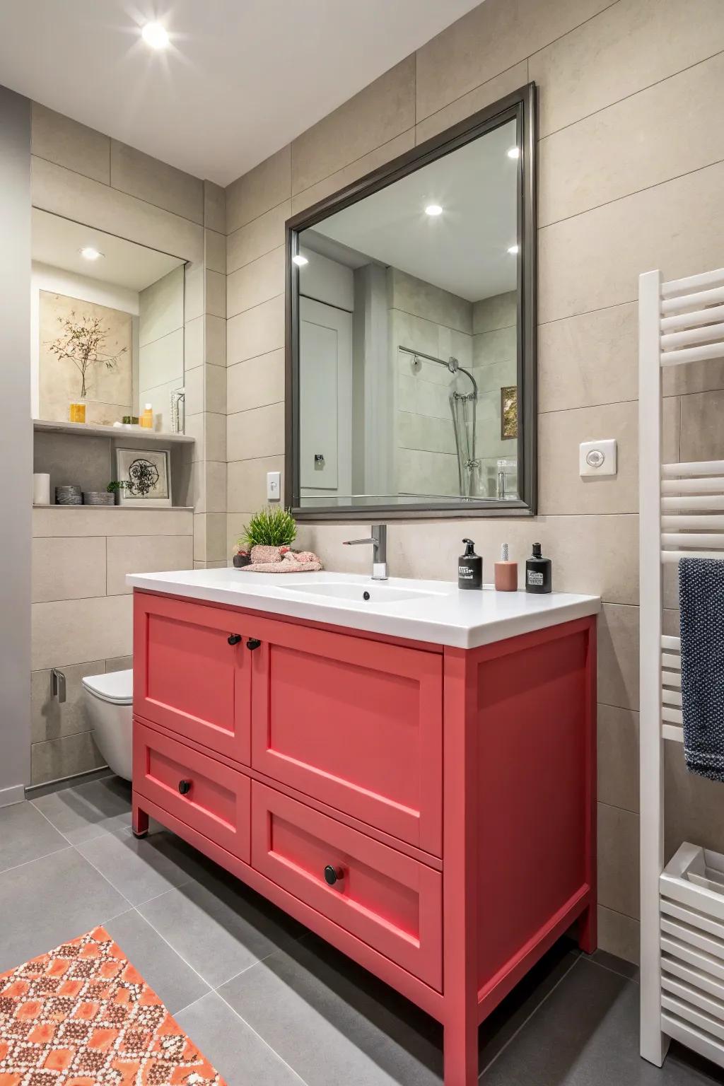 This modern bathroom employs a bold vanity color, resulting in an eye-catching declaration of style.