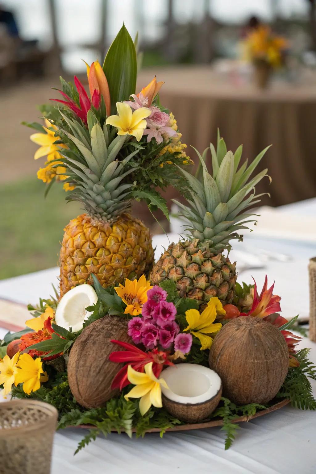 Tropical fruits craft charming centerpieces.