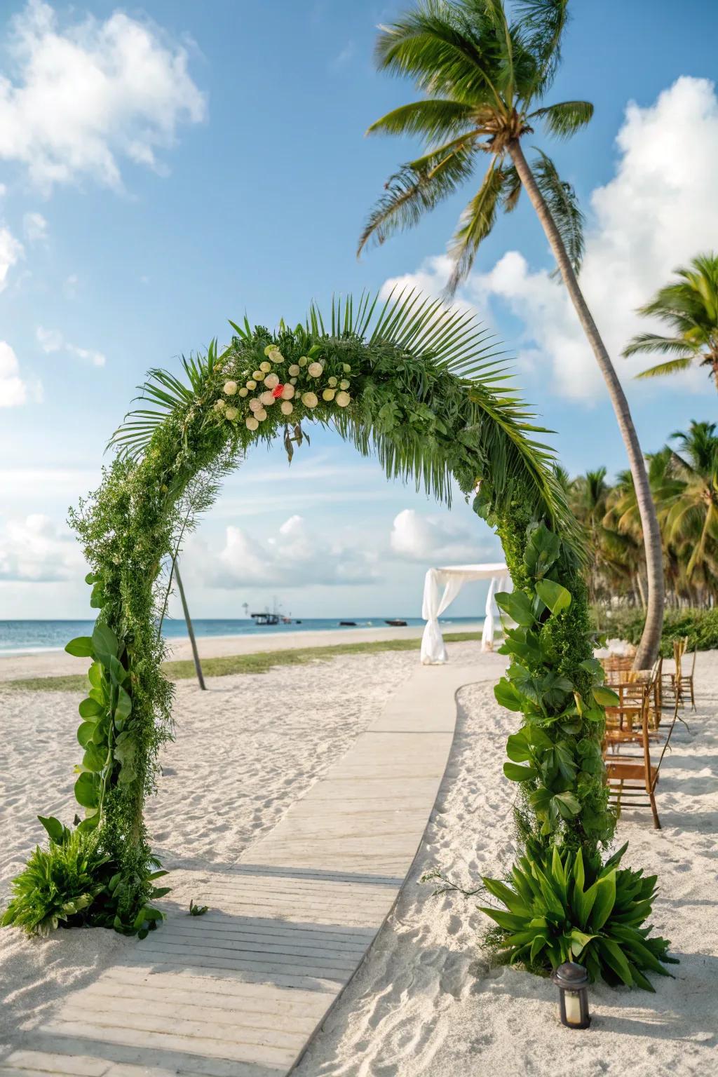 An arch formed entirely of thick greenery for a natural aesthetic.