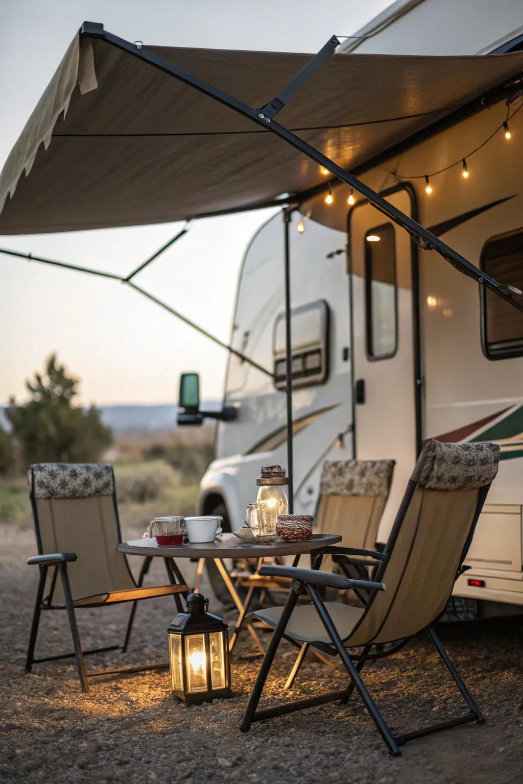 Mobile furniture boosting the comfort under a camper awning.