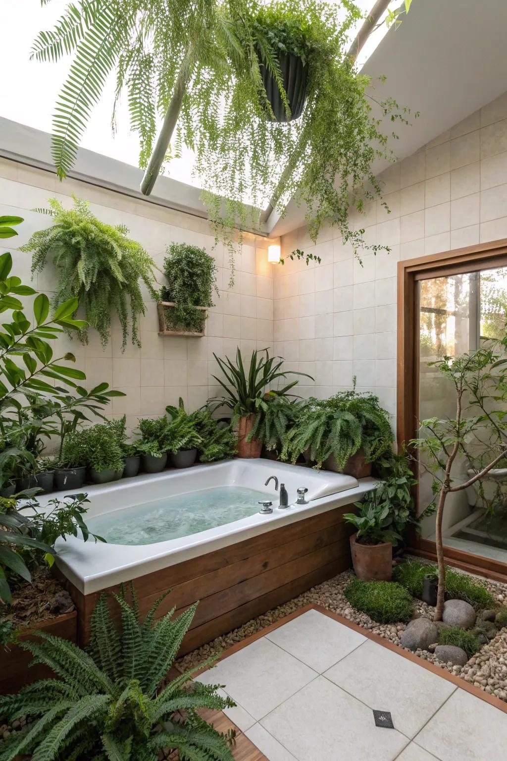 A tub deck transformed into a botanical sanctuary with rich indoor flora.