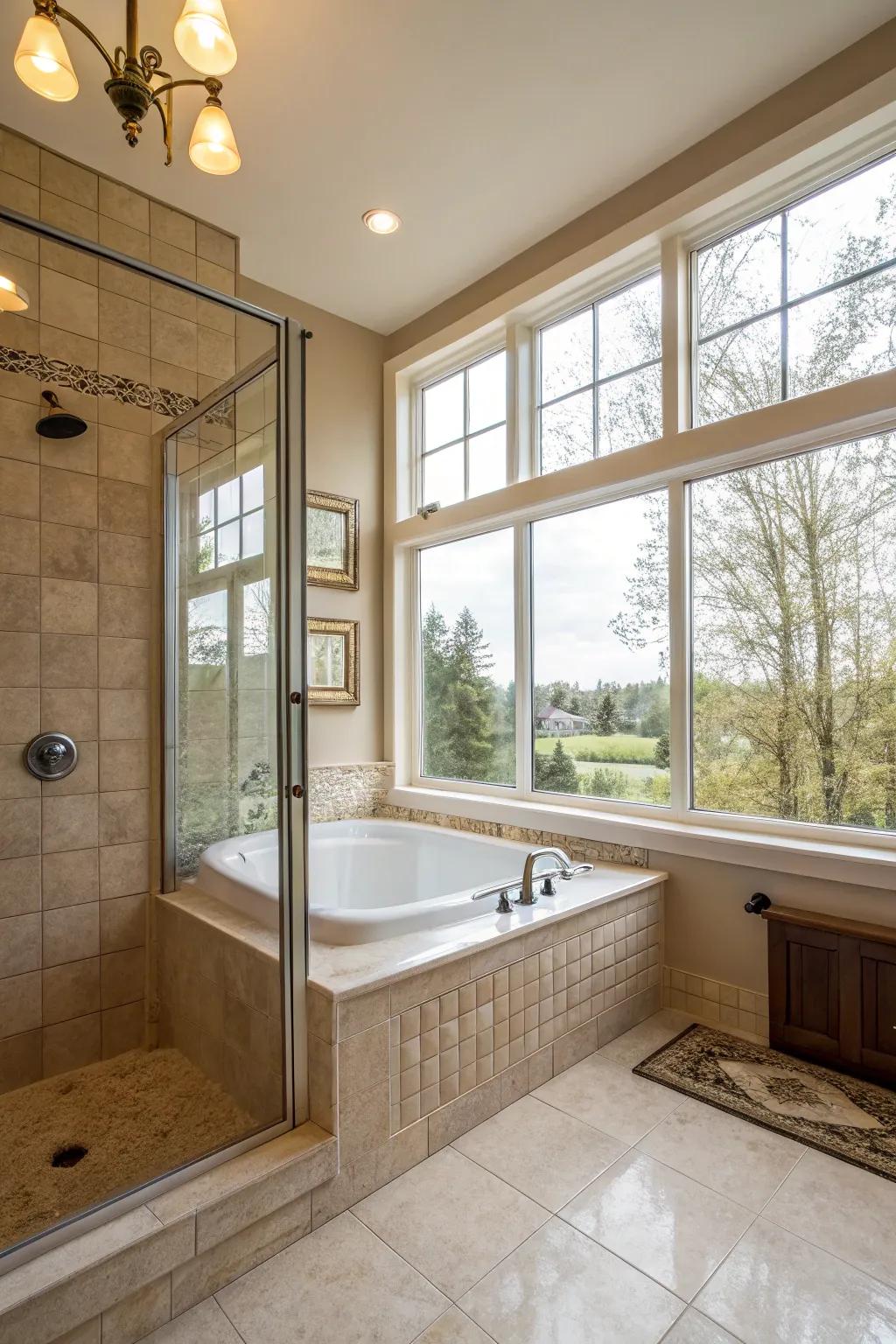 Natural light cascading into a tub-in-shower area, fostering a cozy and welcoming atmosphere.