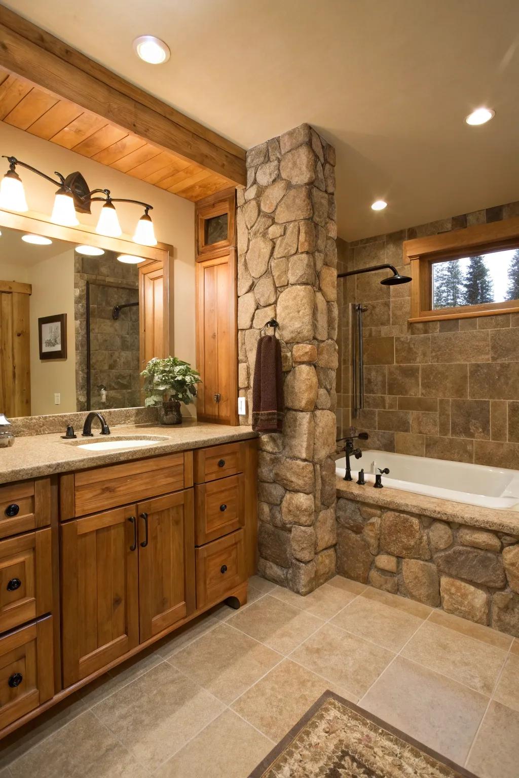 Wooden accents and natural stone elements contribute to a cozy, welcoming bathroom.