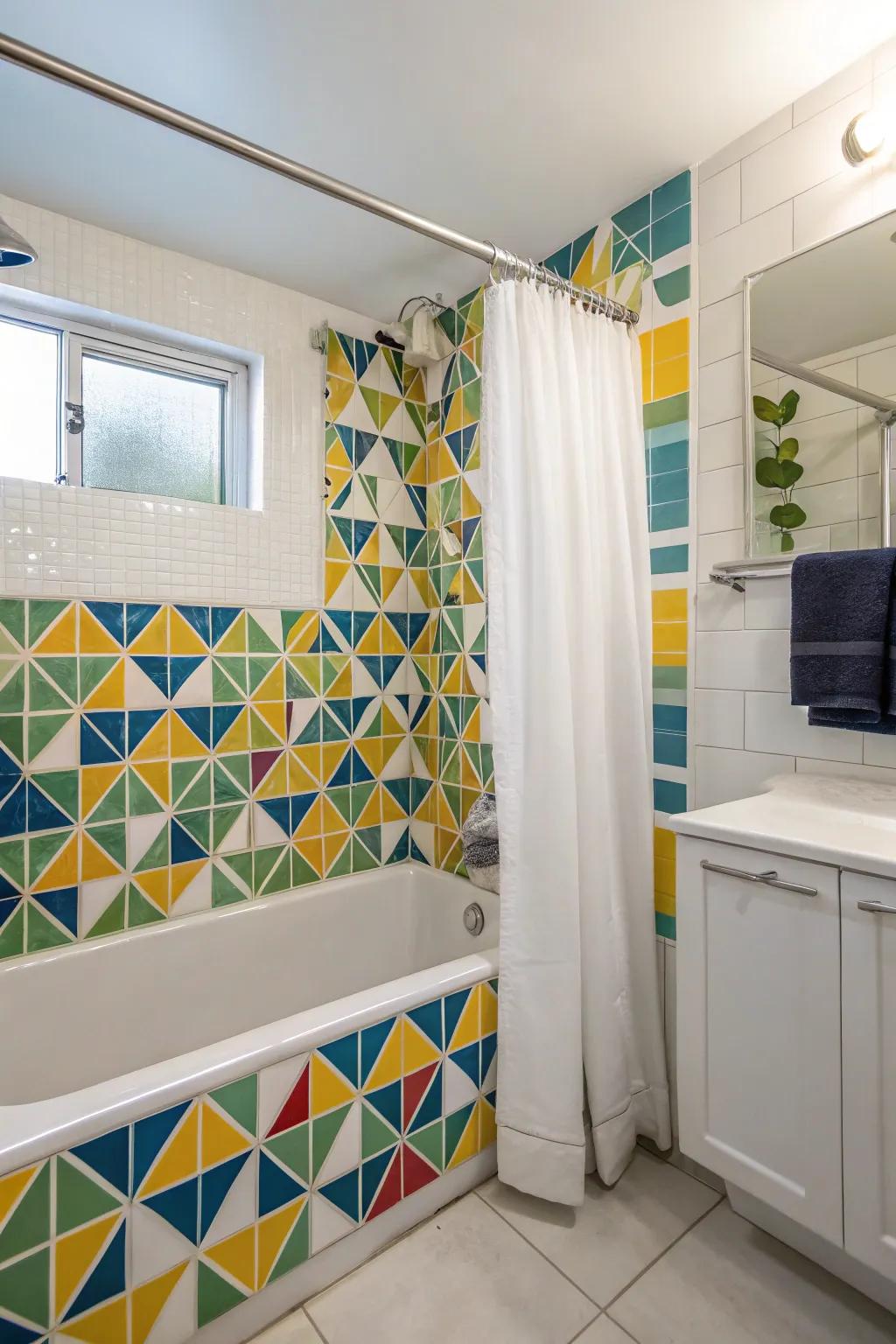 Unique tiles change the tub shower combo into a work of art.