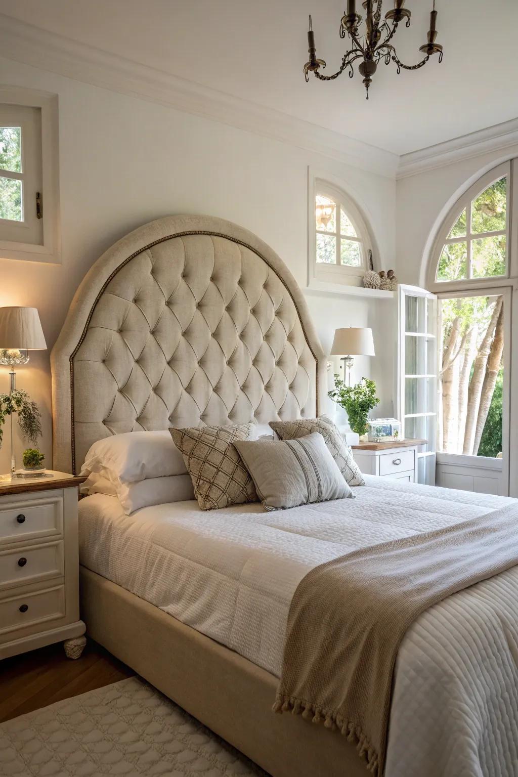 A romantic bedroom spotlighting a tufted headboard with an arched design.