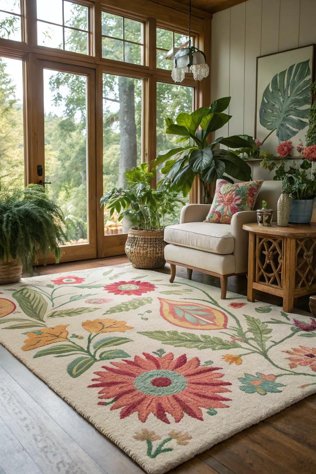 Floral motifs create a serene and natural ambiance indoors.