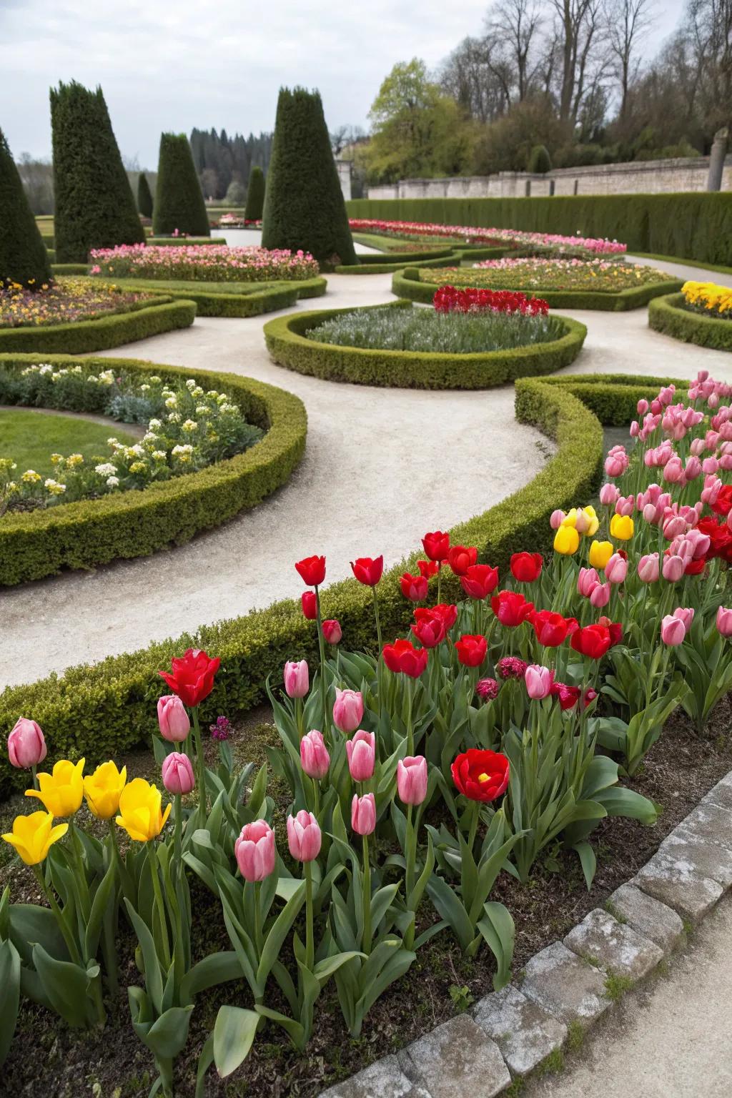 A structured garden design with tulips arranged in symmetry, embodying sophistication and order.