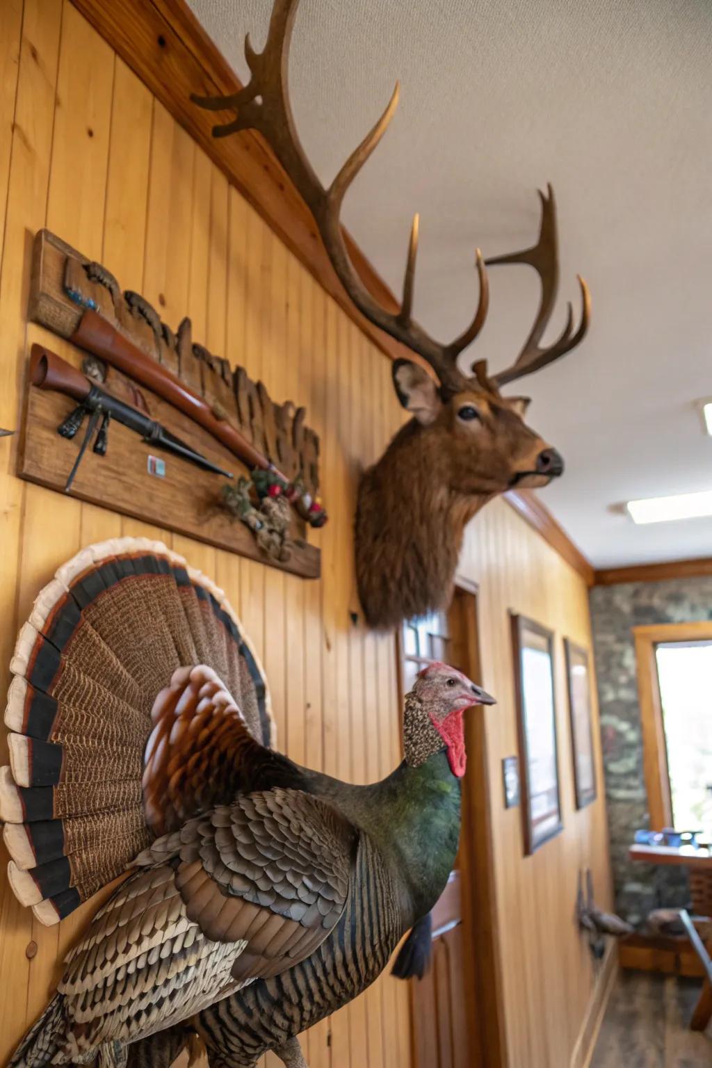 An impressive award area featuring both wild fowl and cervid mounts.