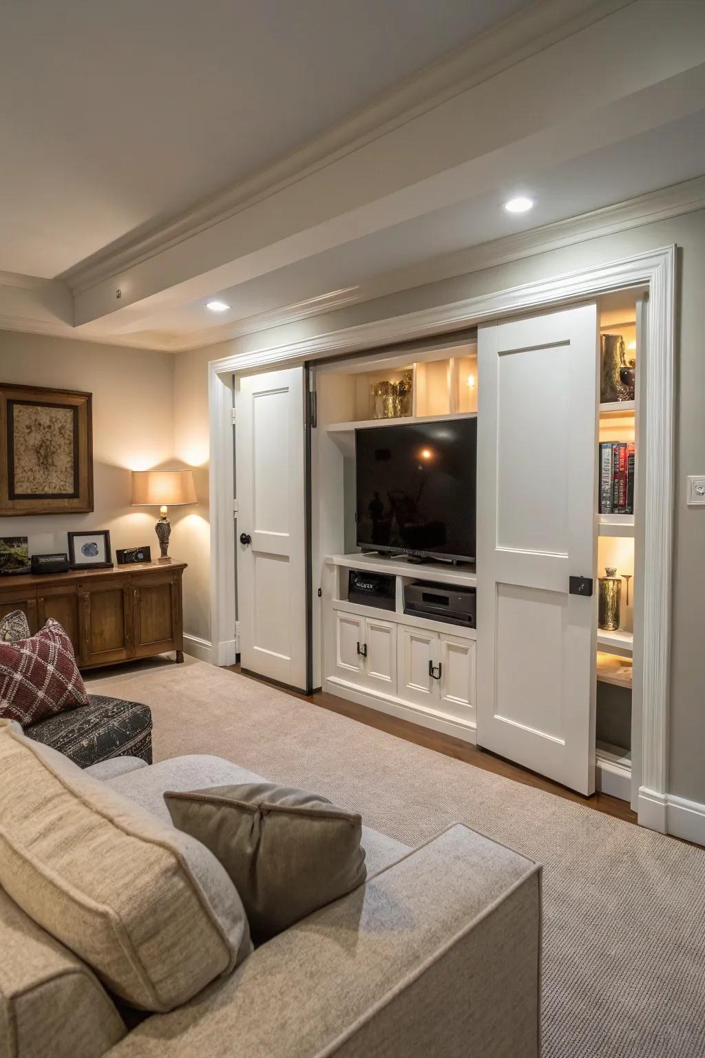 TV intelligently concealed behind matching cabinet doors.