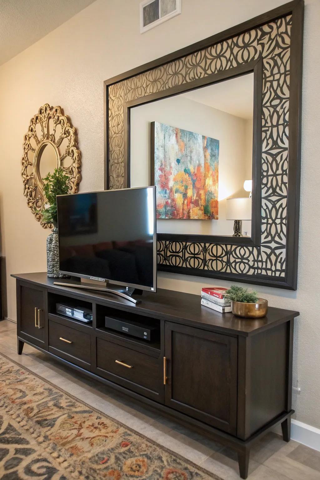 Artwork or mirrors creating a striking centerpiece above the TV.