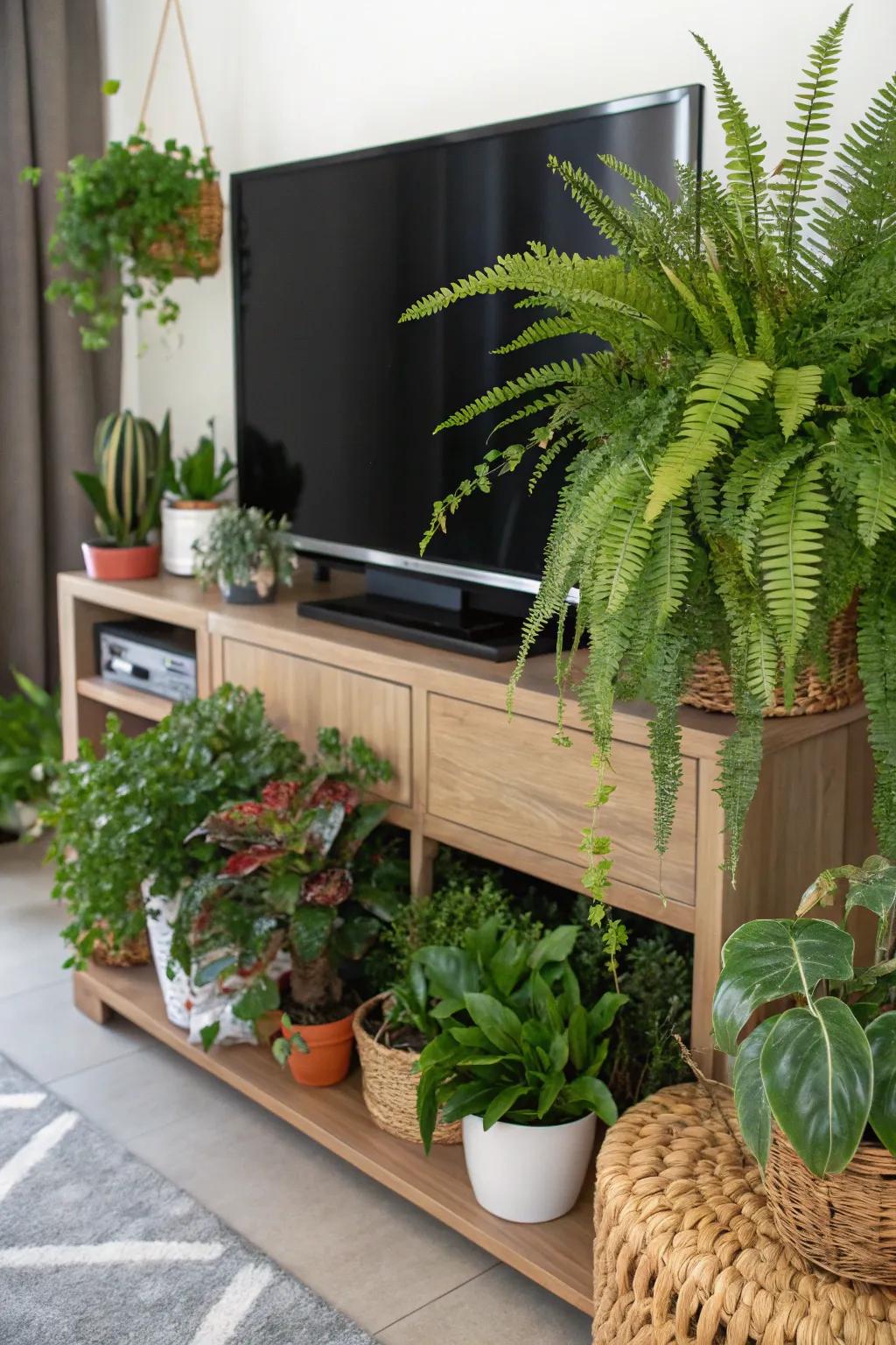 Greenery gives a fresh and natural feel to the TV area.