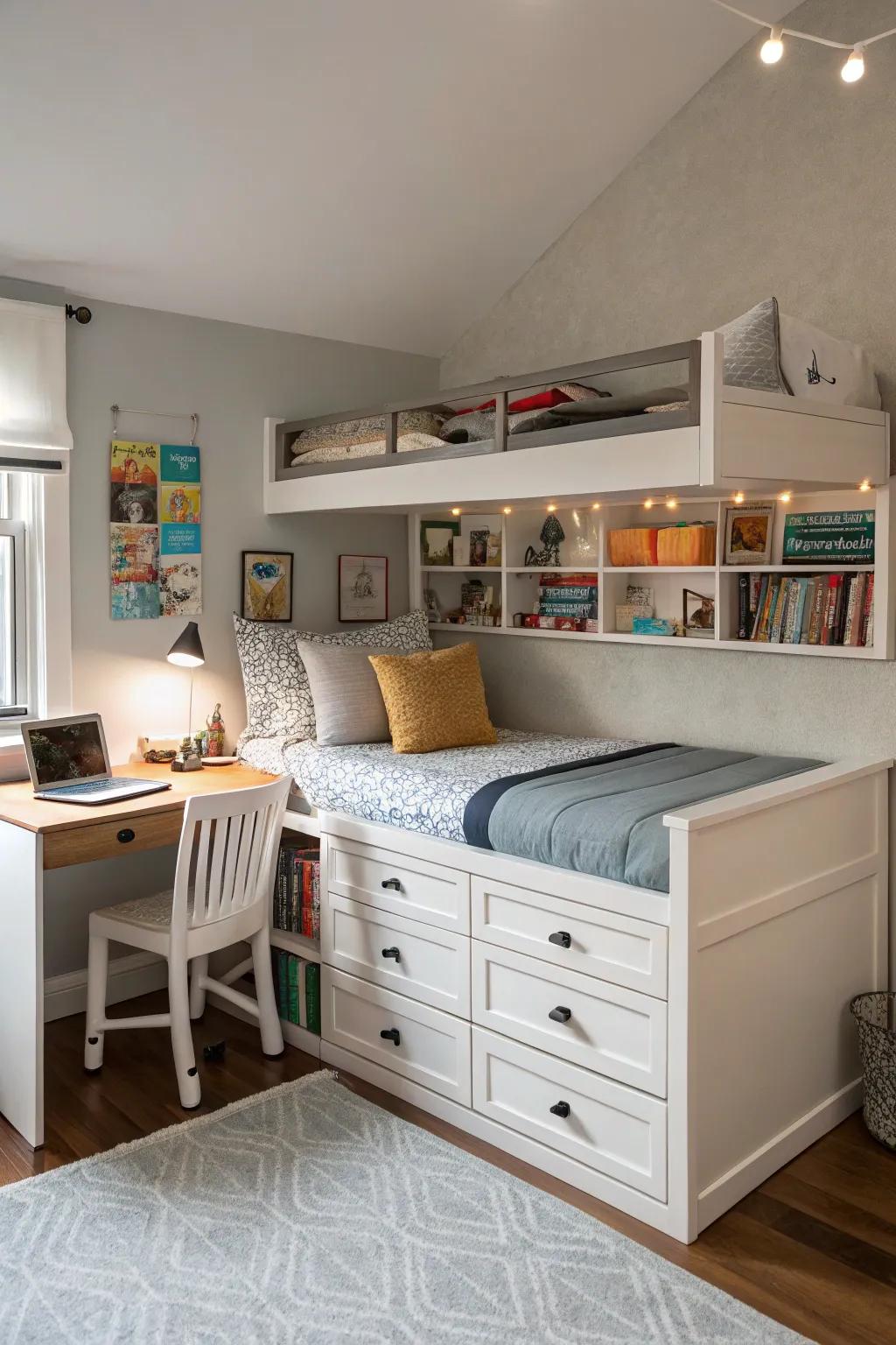 A room featuring functional furniture, including a storage bed and a multipurpose desk.