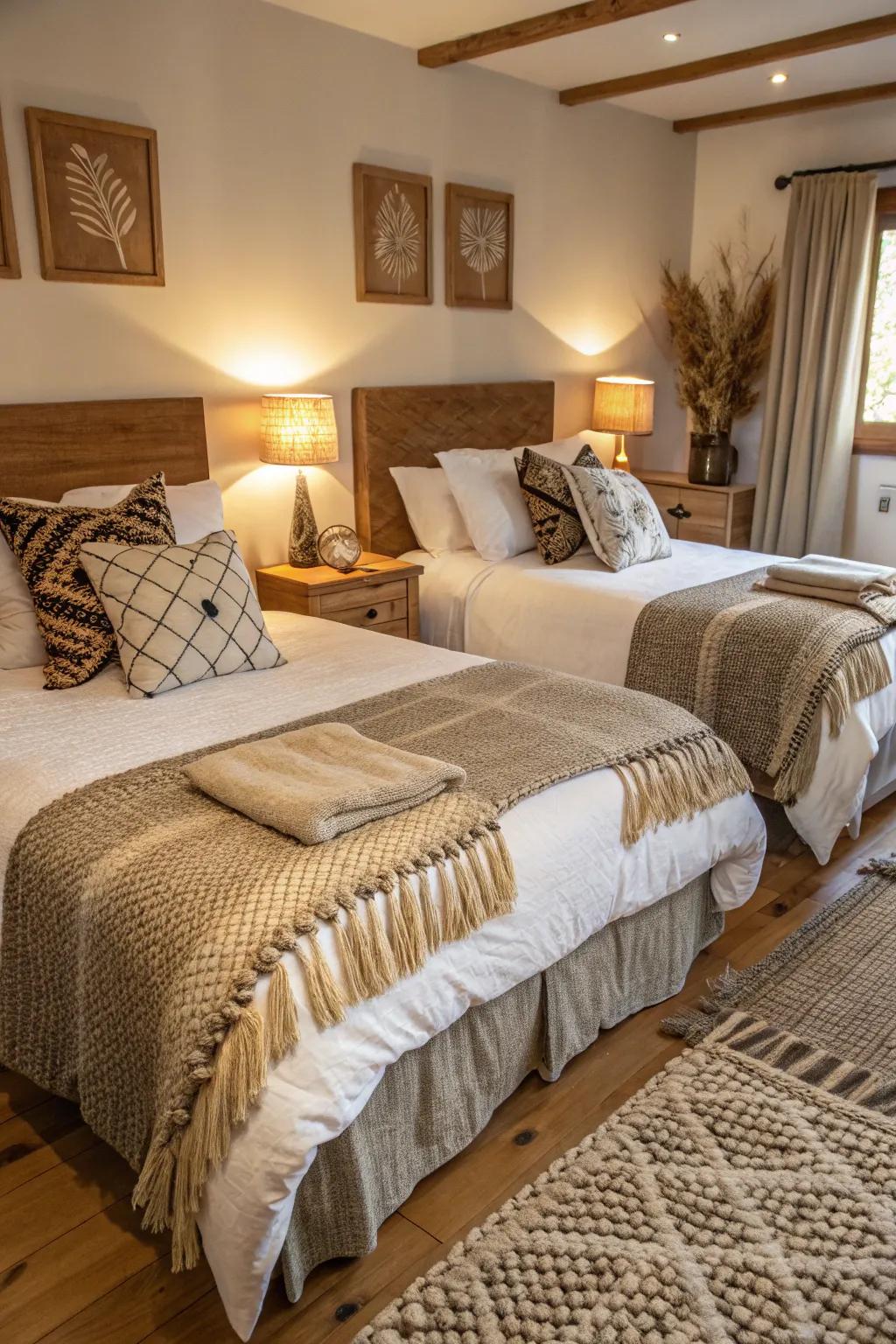 Mixing textures adds warmth and depth to twin bed setups.