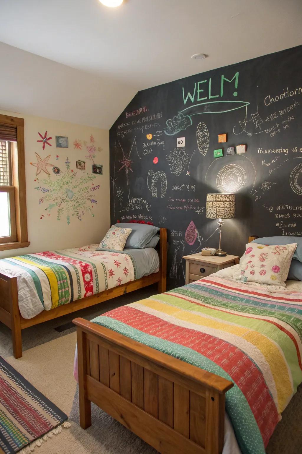 A chalkboard wall adds an interactive and creative element to the room.