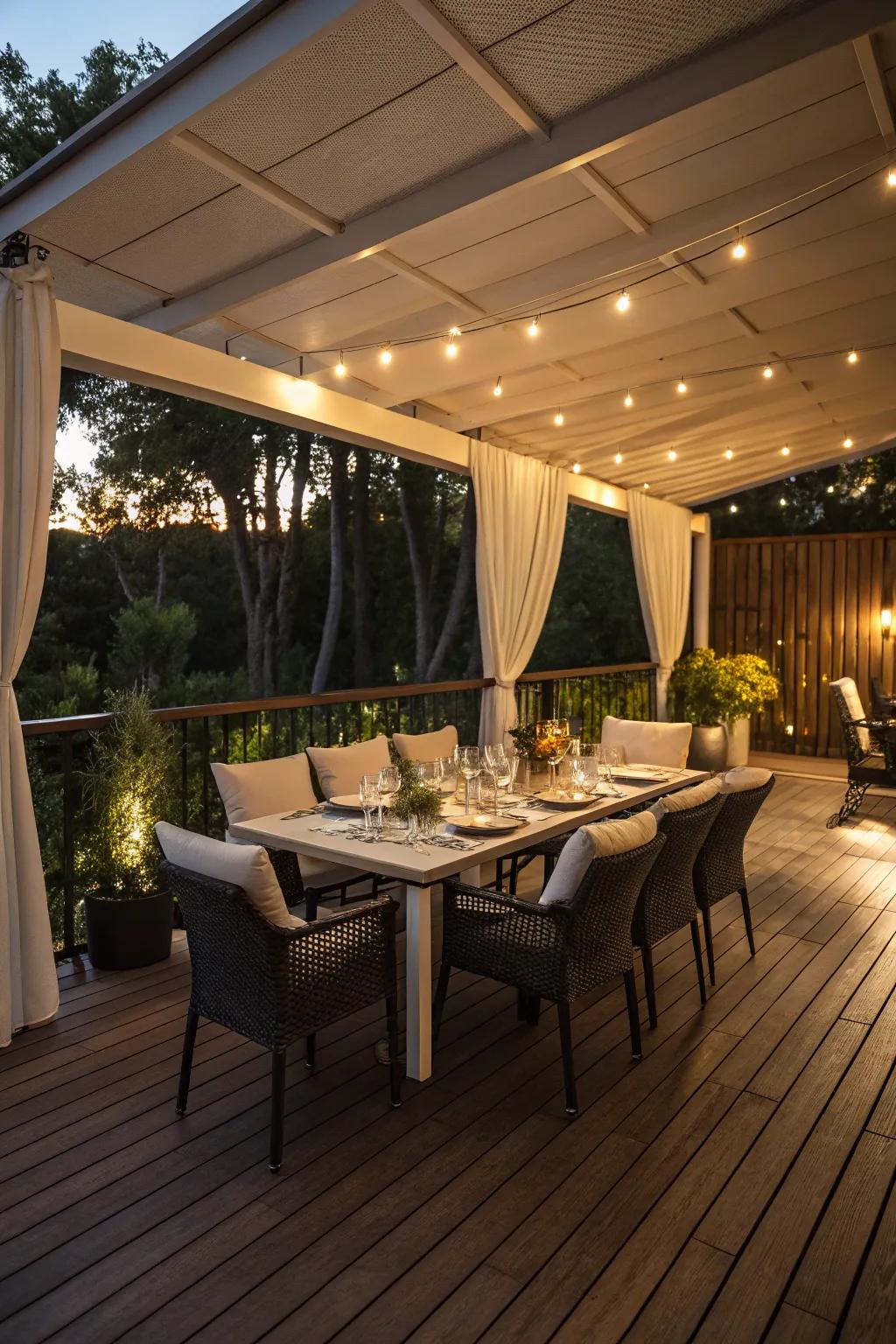 An attractive outdoor dining space under the deck, perfect for family meals.